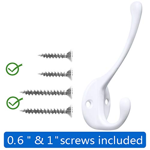 10 Pack Heavy Duty Dual Coat Hooks Wall Mounted with 20 Screws Retro Double Hooks Utility Black Hooks for Coat, Scarf, Bag, Towel, Key, Cap, Cup, Hat (White) | Heavy Duty Dual Coat Hooks Wall Mounted Retro Utility Hooks for Scarf, Towel, Key, Cap, Cup, Ha
