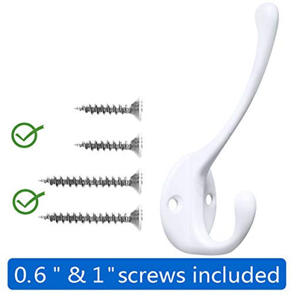 10 Pack Heavy Duty Dual Coat Hooks Wall Mounted with 20 Screws Retro Double Hooks Utility Black Hooks for Coat, Scarf, Bag, Towel, Key, Cap, Cup, Hat (White) | Heavy Duty Dual Coat Hooks Wall Mounted Retro Utility Hooks for Scarf, Towel, Key, Cap, Cup, Ha