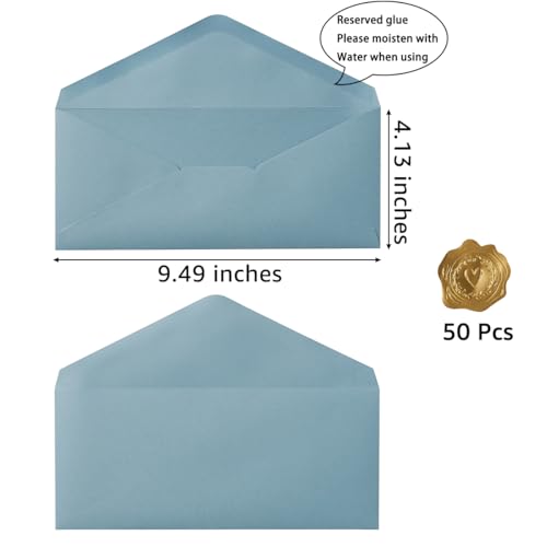 50 Count Dusty Blue #10 Business Envelope with Stickers, 4.13x9.49 Inches | For Office, Business, Letter Mailing - color: Dusty Blue