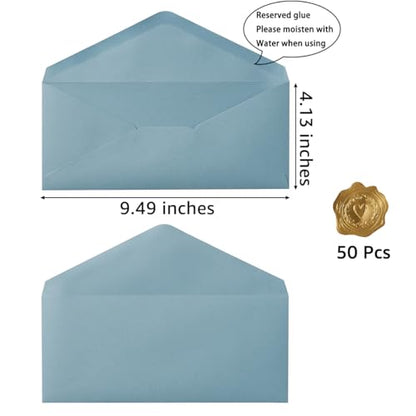 50 Count Dusty Blue #10 Business Envelope with Stickers, 4.13x9.49 Inches | For Office, Business, Letter Mailing - color: Dusty Blue