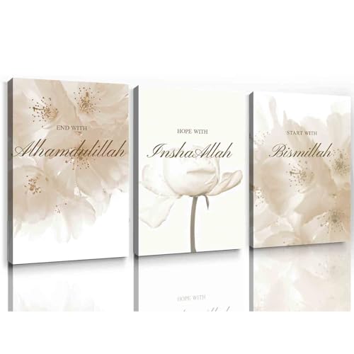 Vlolvfe Islamic Wall Art Decor - Quran Arabic Calligraphy Canvas Painting Neutral Beige Wall Art Islam Bismillah Canvas Flower Posters Minimalist Flower Poster Room Decor 16x24inchx3pcs Framed - color: E, size: 16x24inchx3pcs Framed