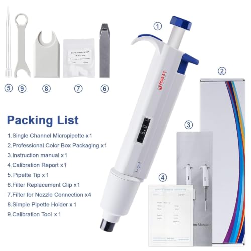 FOUR E'S SCIENTIFIC 1-5mL Pipette, Adjustable Volume Micropipette | 1000-5000μL Single-Channel Pipettor, Ergonomic Design, Precise Volume Dial - size: 08 (1-5mL)