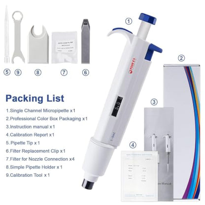 FOUR E'S SCIENTIFIC 1-5mL Pipette, Adjustable Volume Micropipette | 1000-5000μL Single-Channel Pipettor, Ergonomic Design, Precise Volume Dial - size: 08 (1-5mL)