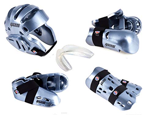 Lightning 8 Piece Deluxe Gear Set w/Shin Guards & Free Mouthpiece (Blue, Child Medium)