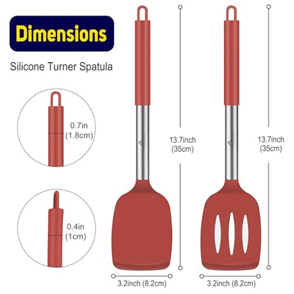 HOTEC Silicone Spatula Set of 2 Heat-Resistant 600°F & BPA-Free Kitchen SaptulaTurner with Stainless Steel Handles, Slotted & Solid Spatulas for Nonstick Cookware, 13.7 Inch, Red - color: Red