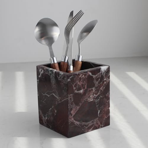 Natural Rosso Levanto Marble Square Storage Container for Toothbrush/Makeup Brush/Pens, Countertop Organizer Bathroom - color: Rosso Levanto