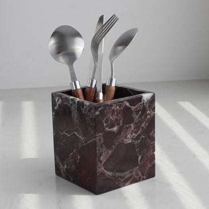 Natural Rosso Levanto Marble Square Storage Container for Toothbrush/Makeup Brush/Pens, Countertop Organizer Bathroom - color: Rosso Levanto