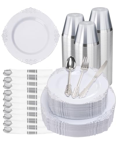 Goodluck 350 Piece Silver Plastic Dinnerware Set for 50 Guests - color: Silver, size: 50 Guests