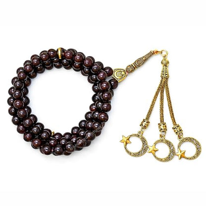 Amazing Gemstone Crystal Tasbeeh with Moon and Star Charm - Certified Crystal Muslim Prayer Beads Natural Gemstone Tasbih Gift for Ramadan Dhikr and Daily Namaz (G) - color: Garnet