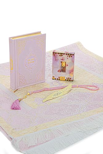ihvan online Prayer Gift Set for Hajj and Umrah, Soft Thin Muslim Prayer Rug, Beads Taasbih, Holy Quran Translated English, Praying Mat, Islamic Gift Set for Ramadan & Eid, Pink - color: Pink English