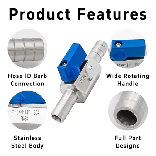 1/2” 304 Stainless Steel Mini Barb Ball Valve, Hose Shut Off Valve with Clamps, Corrosion Resistant Shut-Off Switch for Water, Gas, Fuel, Drip Irrigation - size: 1/2”