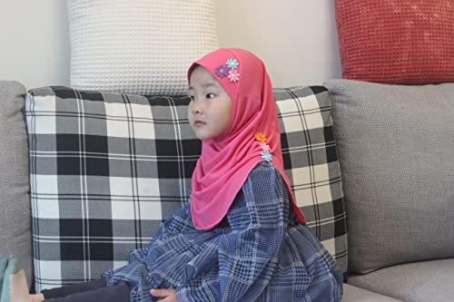 Girls Instant Hijab – Soft Kids Muslim Scarf with Flower, Breathable One-Piece Headscarf for Toddlers Age 2-8 - color: Rose Red