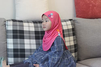 Girls Instant Hijab – Soft Kids Muslim Scarf with Flower, Breathable One-Piece Headscarf for Toddlers Age 2-8 - color: Rose Red