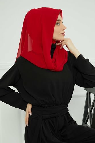 Aisha's Design Pre-tied Cotton-Chiffon Scarf for Women Practical Veil Instant Scarf Hijab Stylish Design - color: Red