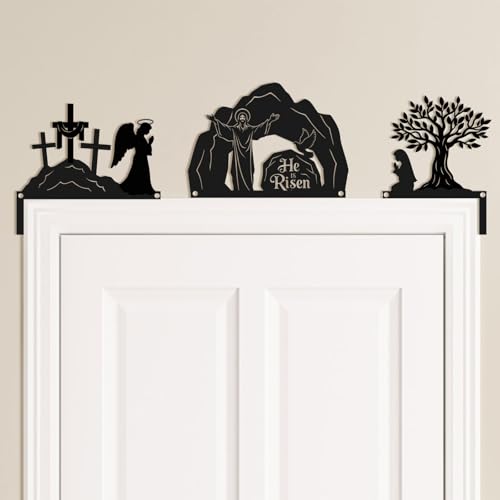 Blulu 3 Pcs Easter Door Decorations Metal He Is Risen Door Toppers Religious Easter Frame Corner Sign for Spring Christian Cabinet Shelf Window Wall Home Office Kitchen Church Decor(Religious) - style: Religious