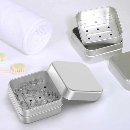 Aluminum Retainer Case Compatible with Invisalign,2 Pack Durable Denture Holder Orthodontic Aligner Holder Mouth Guard Case Retainer Soaking Cups for Travel, Camping, Office
