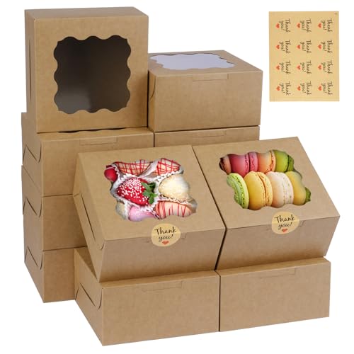 WINKIO 12 Pieces Cookie Boxes with Window, 6×6×3 Inches Treat Boxes for Bakery Dessert Pastry Mini Cake Favor Donut Baked Goods (brown, with Stickers) - color: brown, size: 6×6×3 inches