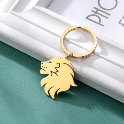 Dreamtimes Lion With King Crown Keychain for Men Stainless Steel Lion Punk Rock Keychain Bag Car Key Pendant Keychain - color: Gold-2