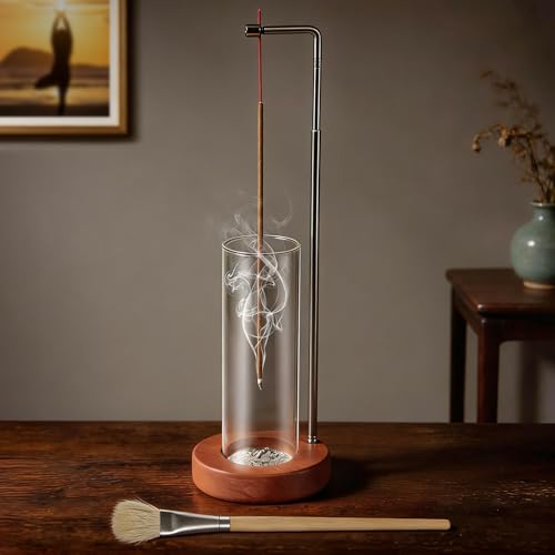 EMETE Incense Holder with Glass Ash Catcher, Retractable Wooden Incense Burner Fits Short, Long & Extra-Long Incense Sticks, Mess-Free Ash Catcher for Meditation Yoga Decor - color: Wood Brown-1 Glass