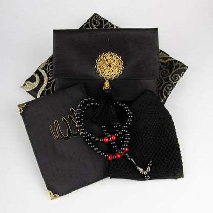 Islamic Prayer Gift Set for Men – Velvet Prayer Mat, Tasbih Beads, Yaseen Book – Muslim Prayer Essentials – Ramadan Eid Gift - color: Black