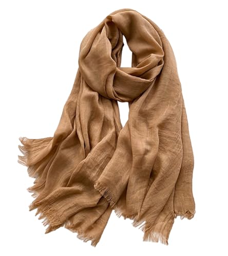 Solid color cotton and linen scarf, wrinkled all season versatile long sunscreen fashionable shawl - color: Camel Color