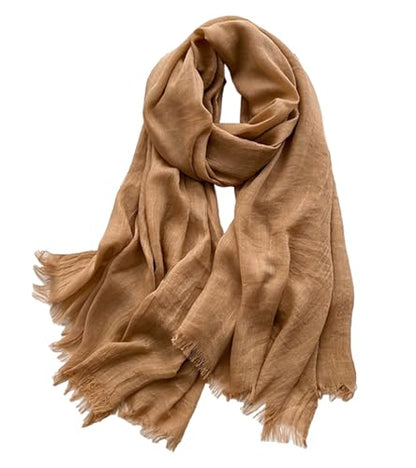 Solid color cotton and linen scarf, wrinkled all season versatile long sunscreen fashionable shawl - color: Camel Color