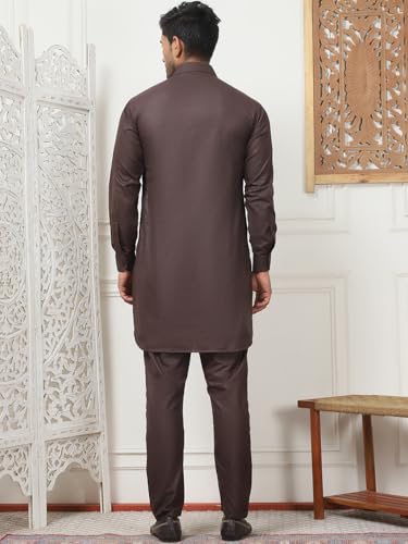 Maple Clothing Punjabi Kurta Pajama Set Pathani Mens Cotton Indian Clothes Bollywood Outfit - color: Coffee, size: Large