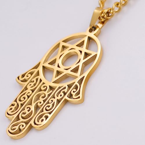Hamsa Hand of Fatima Hexagram Necklace Star of David Evil Eye Pendant Jewish Female Protection Amulet Symbol Jewelry Women Men - color: gold