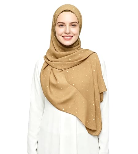 Lina & Lily Sparkle Shimmer Gold Glitter Women's Chiffon Hijab Head Scarf Shawl Wrap Lightweight - color: Camel