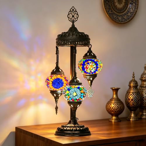 Turkish Moroccan Table Lamp Tiffany Style 3 Globes Mosaic Table Lamp Glass Bedside Lamps for Bedroom Living Room Handmade Stained Glass Lamp Vintage with Bronze Base Included LED Bulb