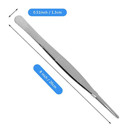 8 inch Long Kitchen Tweezers Stainless Steel, Chef Cooking Tweezers Tongs | Metal Tweezers Silver with Precision Serrated Tips Pincette for Baking Sea food, Bar Tweezer - size: 8"