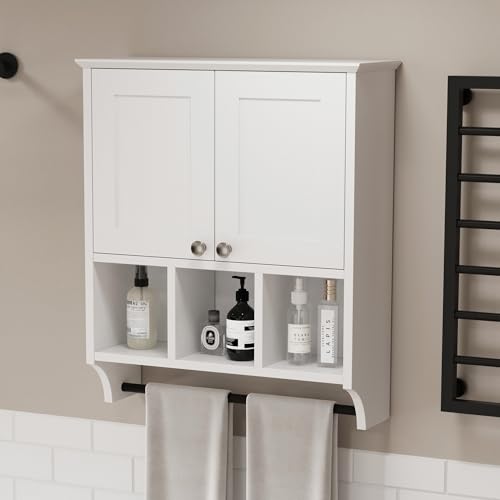 Bathroom Medicine Cabinet, Bathroom Cabinet Wall Mounted Over-The-Toilet with Towel Bar, 2 Doors & 3 Open Shelves, White - color: White