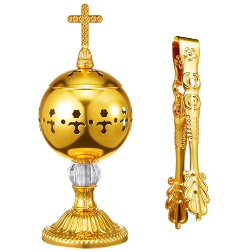 Zonon 1 Set Incense Burner with Tong, Frankincense Charcoal Incense Stand Holder, Ideal for Yoga, Spa, Aromatherapy, Home and Christian Church Censer (Gold,Retro) - color: Gold, size: Retro
