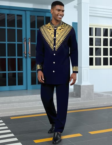 Mens African 2 Piece Set Metallic Traditional Suit Gold Stamp Printed African Dashiki Shirt and Pants Outfit - color: Navy Blue, size: Medium