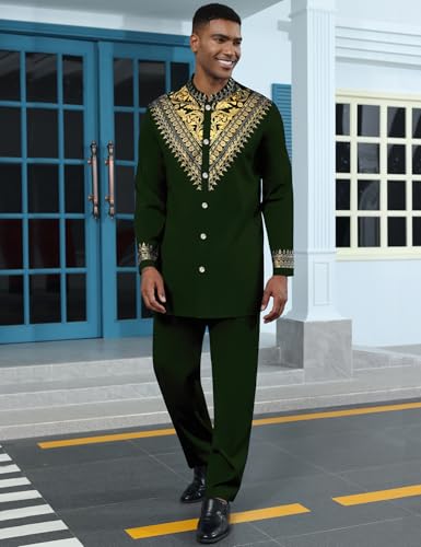 Mens African 2 Piece Set Metallic Traditional Suit Gold Stamp Printed African Dashiki Shirt and Pants Outfit - color: Dark Green, size: Large