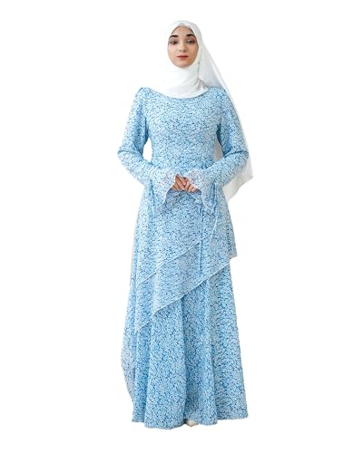 Muslim Abaya Dress for Women 3-Piece Set, Ruffle Top & Chiffon Maxi Skirt - color: Blue, size: Large