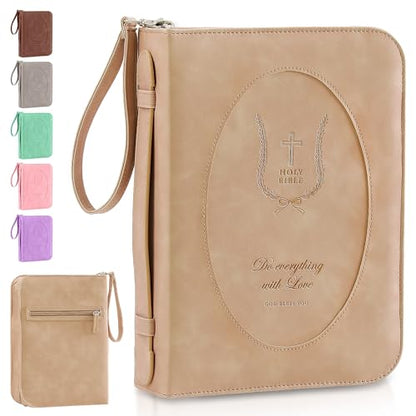 Leather Bible Cover for Women, Floral Bible Case with Handle, Light Brown | Bible Study, Church, Journaling & Travel - color: Light Brown