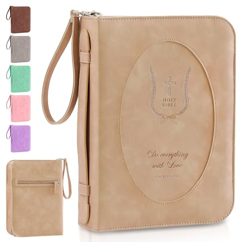 Leather Bible Cover for Women, Floral Bible Case with Handle, Light Brown | Bible Study, Church, Journaling & Travel - color: Light Brown