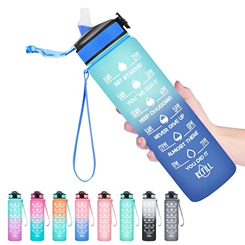 Hyeta Water Bottle with Straw & Time Marker, Plastic 32oz Leakproof | Motivational Tritan BPA Free Gym Office Outdoor Intake Tracker Hourly Reminder Straw Lid Carry Strap - color: Green-Blue