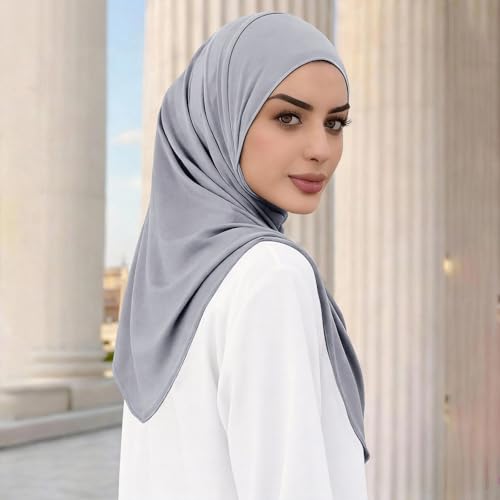 Instant Hijab Ready To Wear Hijab Scarf for Women Soft Long Muslim Jersey Hijabs Head Scarf for Prayer Abaya - color: Grey