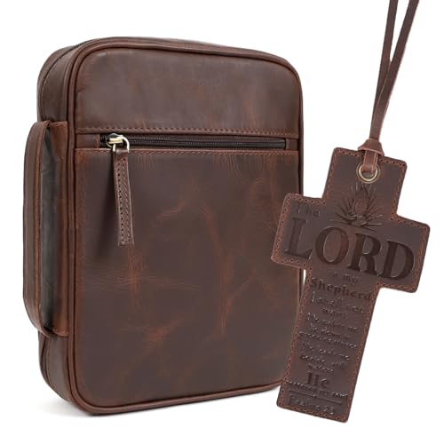 Leather Bible Cover for Men Bible Case for Women Zippered Holder Protector Cross Church Tote Bag Carrying Organizer Sleeve Gift Study Brown - color: Bourbon, size: Study