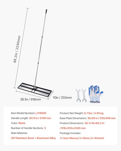 VEVOR Updated Lawn Leveling Rake with Roller, 36" x 10" Stainless Steel Lawn Leveler with 83.9" Adjustable Handle, Heavy Duty Yard Leveling Rake, Effort Saving Lawn Leveling Tool for Yard Golf Court - size: 10x36x84in (with Roller)