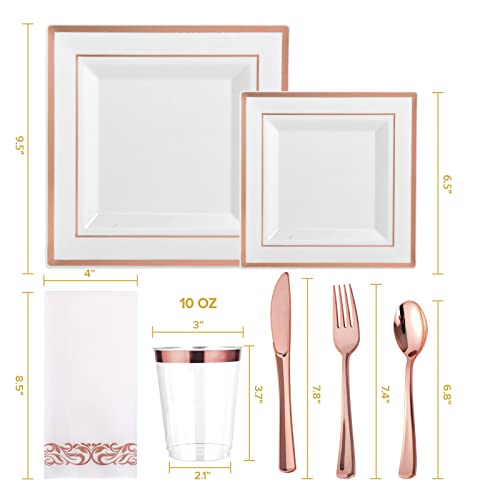 FOCUSLINE 175 Count Rose Gold Dinnerware Set for 25 Guests - Square Plastic Plates with Rose Gold Rim, Includes 25 Disposable Dinner & Dessert Plates, Napkins, Cups, Cutlery Set for Wedding Parties - color: Rose Gold Rim Square Plates