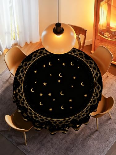 Black and Gold Lace Tablecloth for Ramadan - Round Elegant Table Cover with Star and Crescent Moon Design, Classic Home Dining Table Decor for Everyday Use