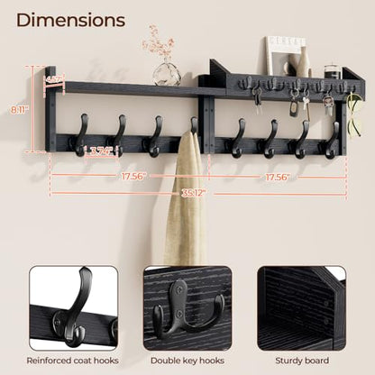 Evermagin 35" Coat Rack Wall Mount with Shelf, 4 in 1 Coat and Key Hanger with 13 Metal Hooks, Entryway Wall Mounted Shelf with Mail Holder for Living Room, Bedroom, Black - color: Black, size: 35 inch