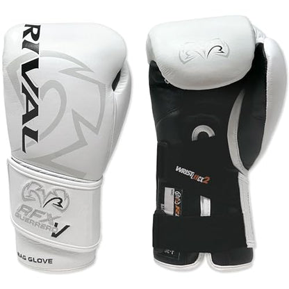 RIVAL Boxing RFX-Guerrero-V Bag Gloves, Multi-Layered Inner Foam Padding (HDEF), Premium Leather, Wrist Lock 2 System - color: White/Black, size: 8 oz.