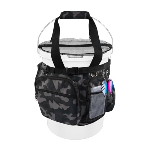 Fishing Bucket Organizer for 5 Gallon Bucket,Outdoor Ice-Fishing Tackle Bag with Bait Buckets Cover,Adjustable Buckle,Multi-Pockets for Fishing Gear & Accessories Storage