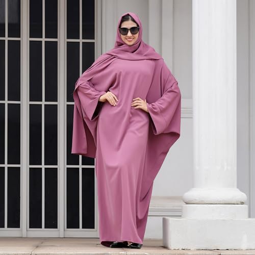 IDOPIP Abayas for Women Muslim Dress with Hijab, One-Piece Long Sleeve Islamic Prayer Dress with Khimar Jilbab Kaftan Clothes - color: Purple + Hijab