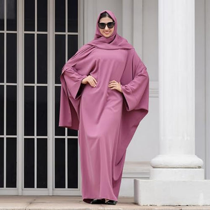 IDOPIP Abayas for Women Muslim Dress with Hijab, One-Piece Long Sleeve Islamic Prayer Dress with Khimar Jilbab Kaftan Clothes - color: Purple + Hijab