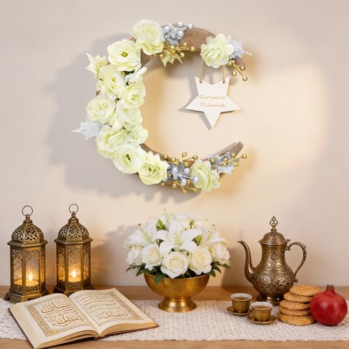Ramadan Decorations Wreaths for Front Door, Wood Moon Star Artificial Flower Wreaths Ramadan Eid Decorations for Home Floral Hanging Garland for Wall Window Eid Mubarak Kareem Decor Wedding